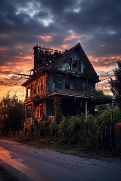 Casa abandonada de aspecto embrujado al atardecer creada con IA generativa