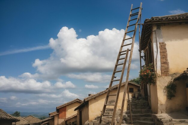 Foto casa abandonada com escadas de madeira na janela