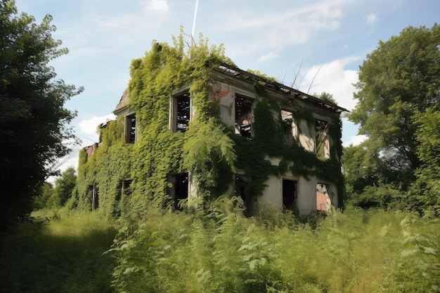 Casa abandonada com janelas quebradas e paredes em ruínas cercadas por ervas daninhas crescidas demais