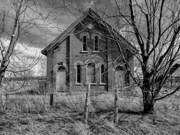 Casa abandonada contra árvores nuas