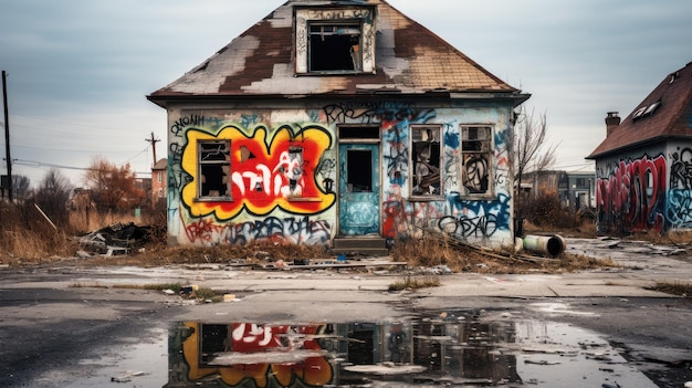 Foto casa abandonada de dois andares pintada com graffiti