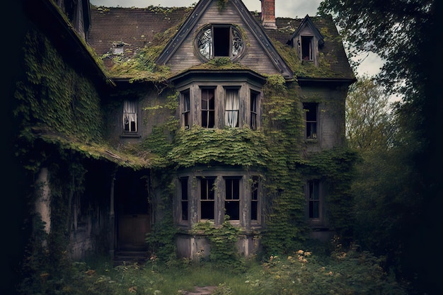 Casa abandonada melancólica gris entre el jardín cubierto