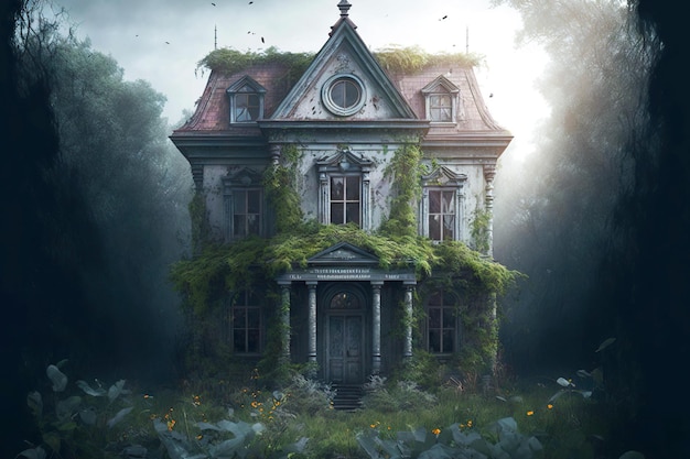 Casa abandonada melancólica gris entre el jardín cubierto