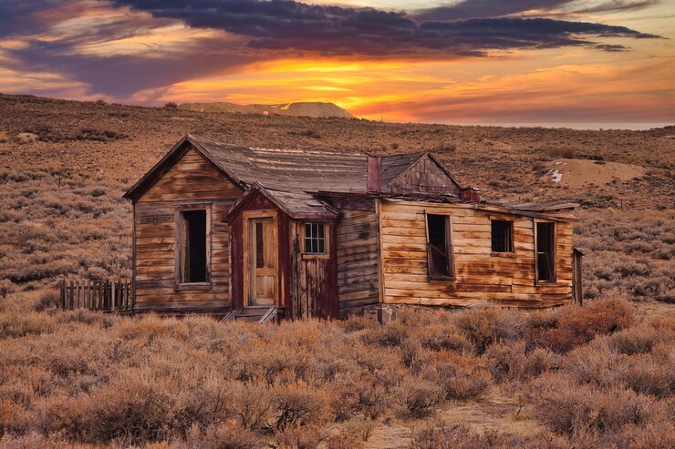 Foto casa abandonada no campo contra o céu durante o pôr-do-sol