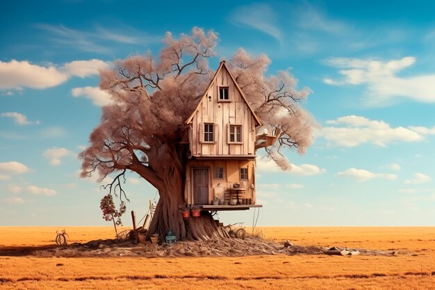 Casa abandonada numa árvore no meio da estepe Casa mágica numa árvore velha Casa árvore