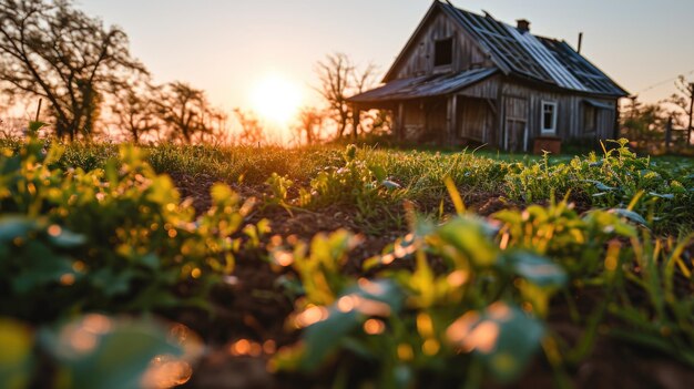 Foto casa abandonada en el prado al atardecer hermoso paisaje rural