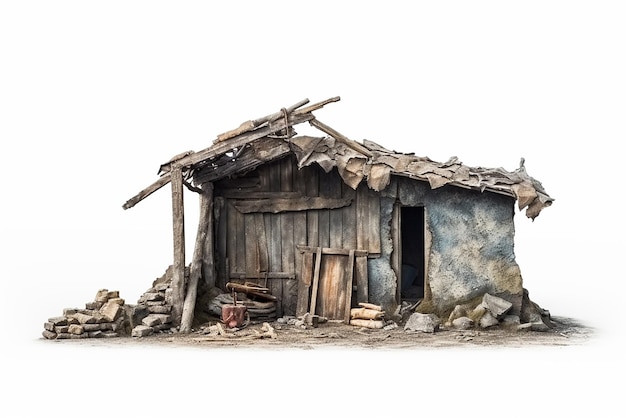 Una casa abandonada sobre un fondo blanco.