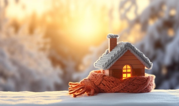 Una casa abrigada con una bufanda tejida, concepto de calefacción y energía invernal