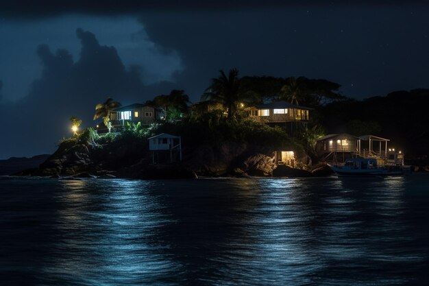 Una casa en un acantilado por la noche con una tormenta eléctrica al fondo.