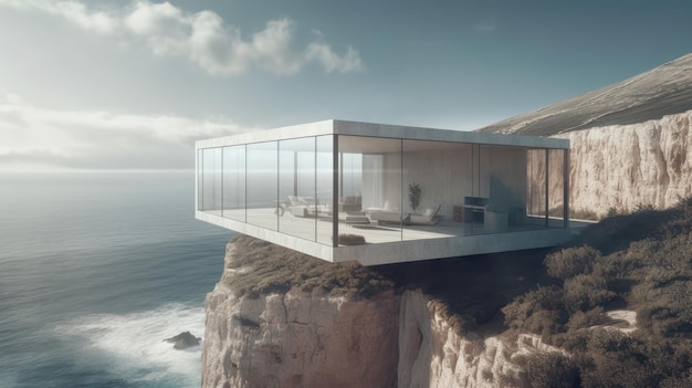 Una casa en un acantilado con vista al mar y al cielo.