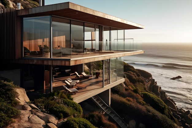 Una casa en un acantilado con vista al océano con un gran balcón de vidrio.