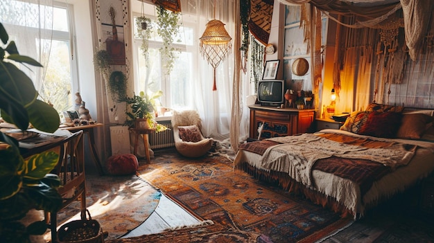 Casa acogedora con habitación en estilo boho interior dormitorio boho diseño de casa rústico AI generativo