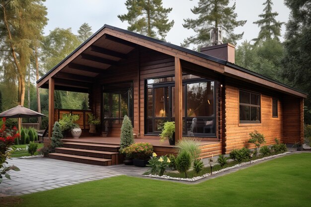 una casa acogedora moderna de madera en el bosque