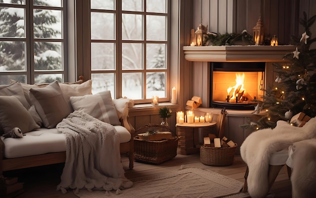 Casa acogedora con sofá y chimenea ventanas panorámicas y café concepto de vibración de invierno