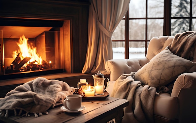 Foto casa aconchegante com sofá e lareira janelas panorâmicas e café conceito de vibração de inverno