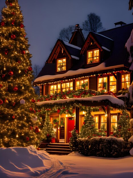 Casa aconchegante de Natal com luzes quentes em close, cores vivas, ambiente detalhado, IA generativa gerada