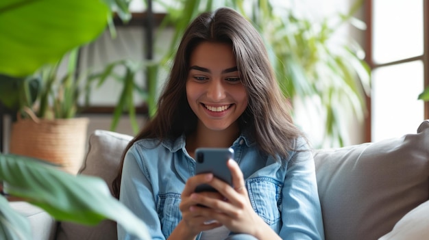 En casa, una adolescente hispana milenaria revisa las redes sociales con su teléfono, juega, mira televisión, pide una entrega y mira videos de YouTube.