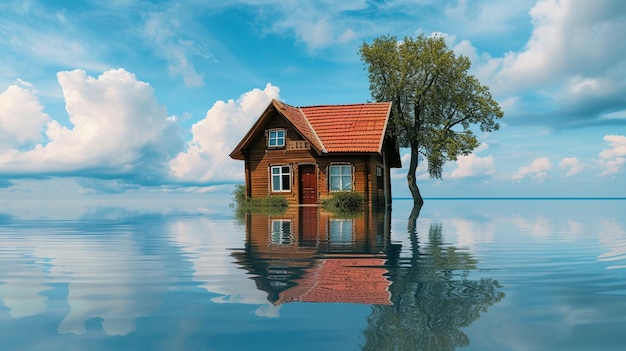 una casa en el agua con el árbol a la izquierda