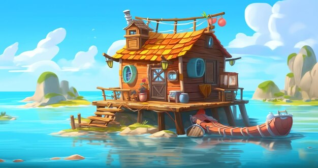 Una casa en el agua con un barco en el agua.