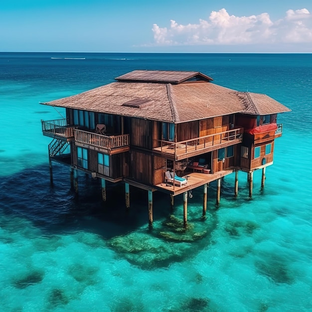 Una casa en el agua con un cielo azul y las palabras fiji en la parte inferior