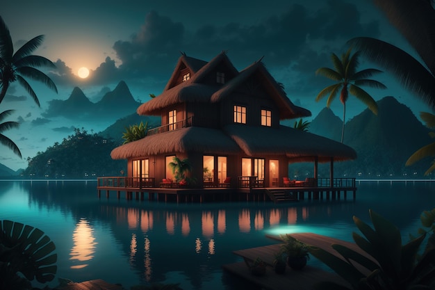 Casa en el agua por la noche