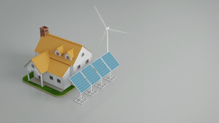 Casa con ahorro de energía paneles solares y molinos de viento isométrica
