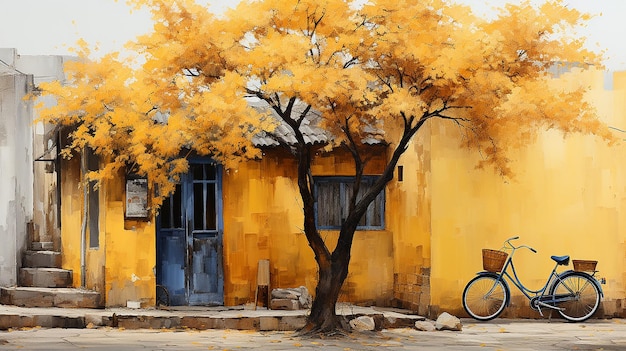 Foto una casa amarilla con un árbol y una puerta azul