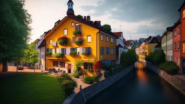 Una casa amarilla con un canal al fondo.