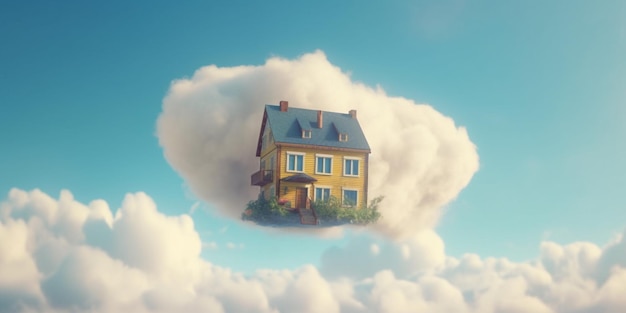 Una casa amarilla en las nubes