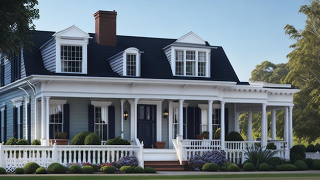 Casa americana clásica con columnas blancas y adornos en blanco y negro