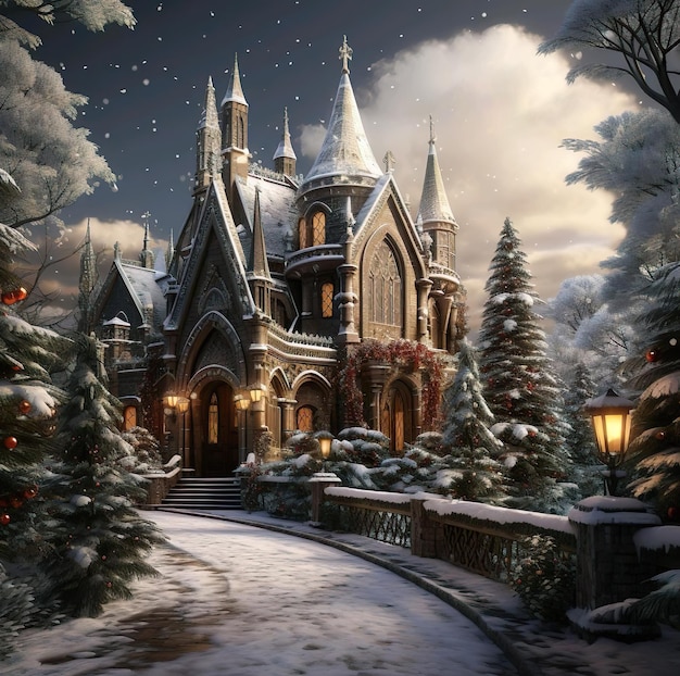Una casa de animación de fantasía en la nieve para Navidad