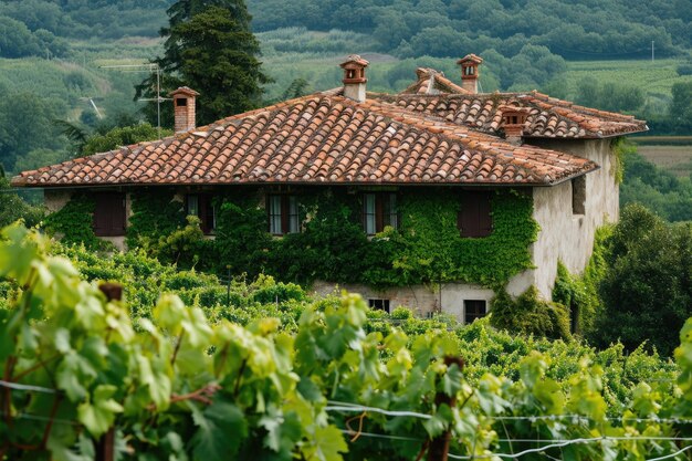 Una casa antigua abandonada cubierta de vides en su techo en ruinas Una villa italiana con techo de terracota rodeada de vides