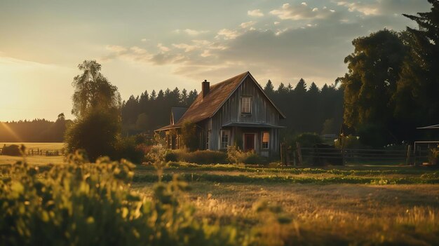 Una casa antigua en el bosque con una puesta de sol al fondo.