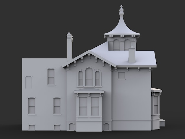 Casa antigua de estilo victoriano. Ilustración sobre fondo negro. Especies de diferentes lados. Representación 3D.