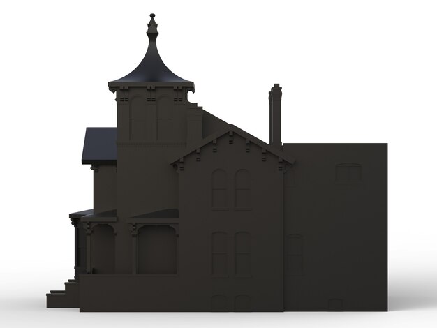Casa antigua negra de estilo victoriano. Ilustración sobre fondo blanco. Especies de diferentes lados. Representación 3D.