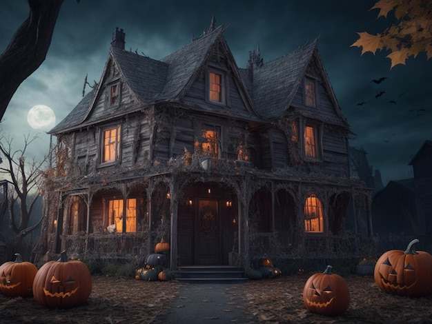 Casa antigua realista Halloween con calabaza en la noche