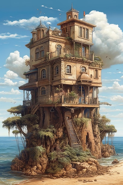 Casa antigua sobre el paisaje marino de una casa surrealista en una isla IA generativa