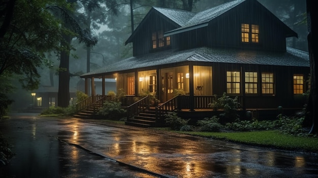 Casa Arafed com uma varanda e uma luz na varanda na chuva generativa ai