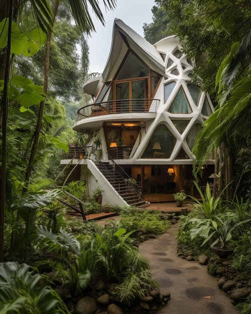 casa arafed en el medio de un bosque verde exuberante generativo ai