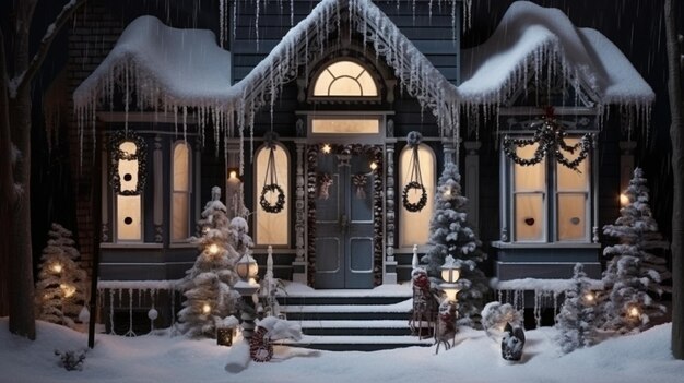 casa arafed con mucha nieve y adornos navideños ai generativo