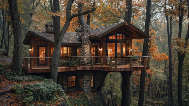 Casa en el árbol entre los árboles en el bosque