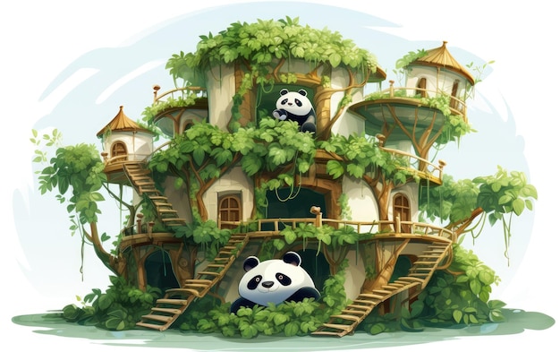 Casa en el árbol de bambú de panda sobre un fondo blanco