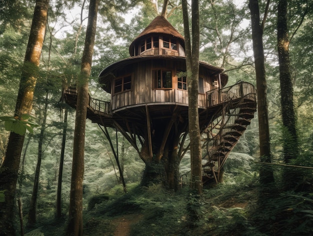 Una casa en el árbol en el bosque ai generativa
