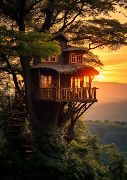 Casa del árbol en un bosque verde al atardecer