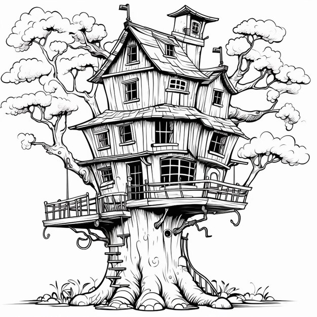 una casa de árbol con una casa de árboles en la parte superior de ella generativo ai