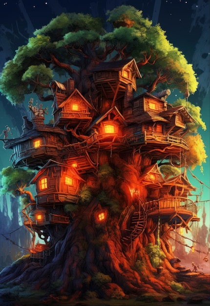 Una casa en el árbol con una casa encima