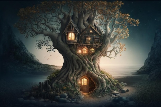 Una casa en el árbol con una casa encima