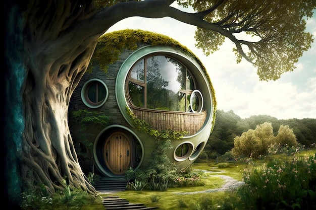 Casa del árbol de cuento de hadas futurista con ventanas redondas y escaleras