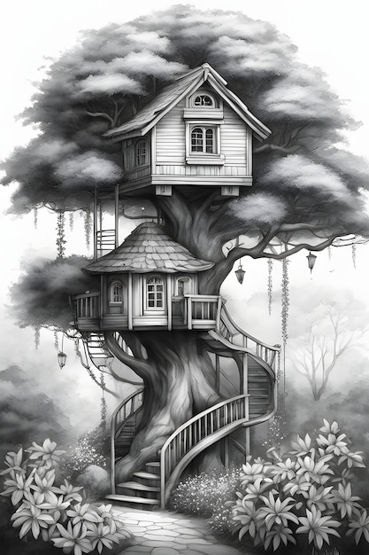 Casa del árbol Dibujo para colorear Calidad imprimible Negro Blanco Calidad póster