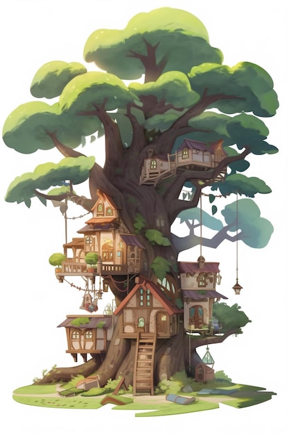 Casa de árbol de dibujos animados con escaleras y un árbol en el medio generativo ai